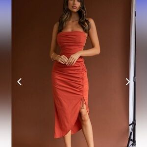 Saints + Secrets Dress Women Small Midi Rust Ruched Strappy Backless U